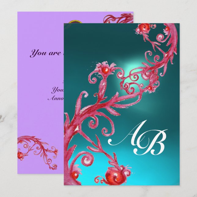 MAGIC BERRIES 3,MONOGRAM Aquamarine blue Invitation (Front/Back)