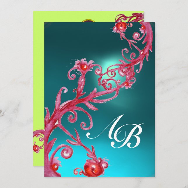 MAGIC BERRIES 3,MONOGRAM AQUAMARINE red blue Invitation (Front/Back)