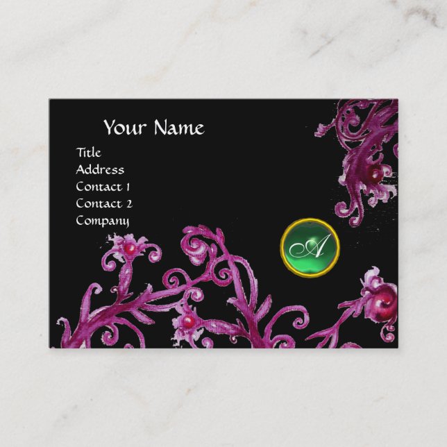 MAGIC BERRIES MONOGRAM black gem green Business Card (Front)