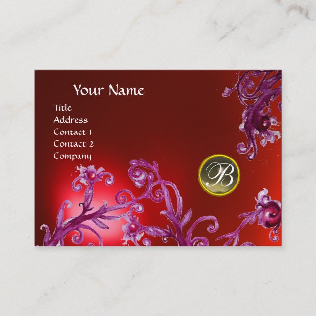 MAGIC BERRIES MONOGRAM, Grey Agate ruby red Business Card (Front)