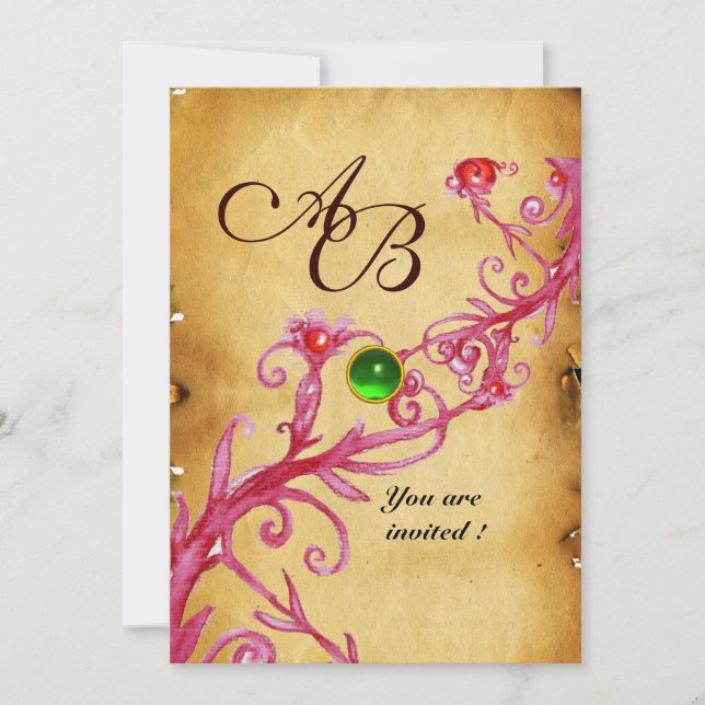 MAGIC BERRIES  MONOGRAM  Parchment Green Emerald Invitation (Front)