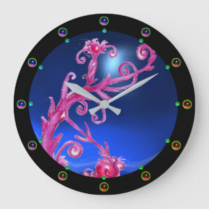 MAGIC BERRIES; PINK FLORAL SWIRLS BLUE GEMSTONE LARGE CLOCK