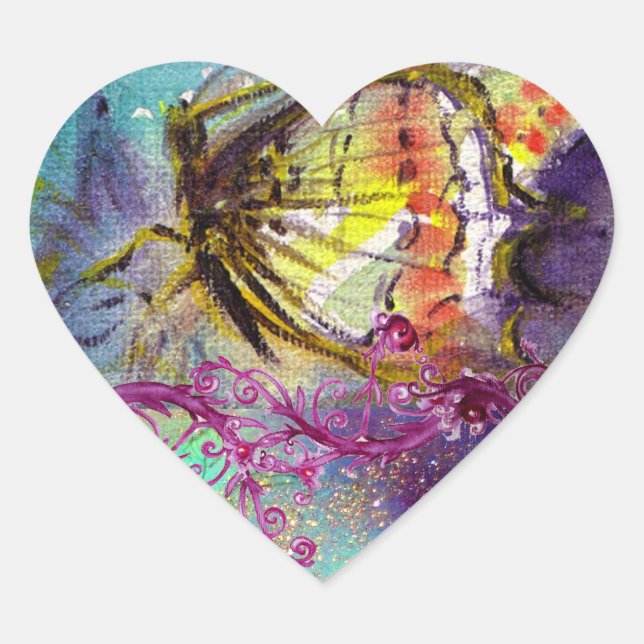 MAGIC BUTTERFLY IN BLUE Pink Floral Swirls Heart Sticker (Front)