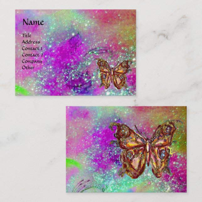 MAGIC BUTTERFLY IN GOLD,BLUE PURPLE TEAL SPARKLES BUSINESS CARD (Front/Back)