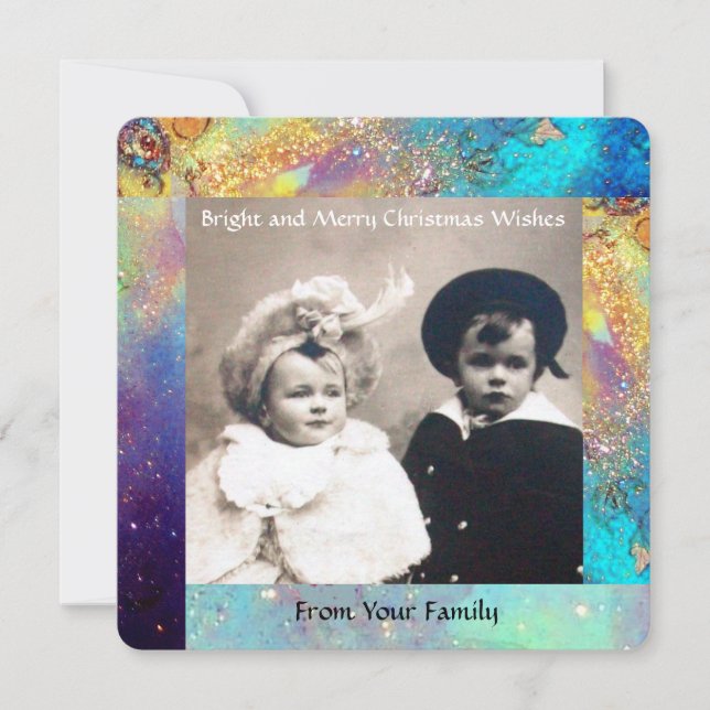 MAGIC BUTTERFLY PLANT GOLD BLUE SPARKLES Christmas Holiday Card (Front)