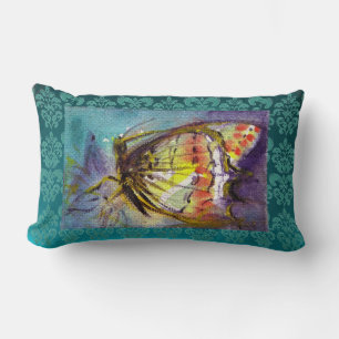 MAGIC BUTTERFLY Teal Blue Damask Lumbar Cushion