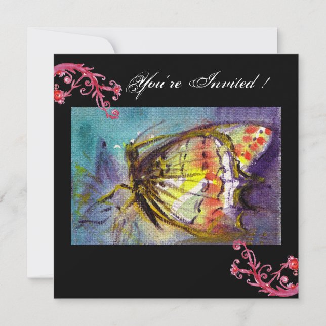MAGIC BUTTERFLY WITH RED FLORAL SWIRLS ,black blue Invitation (Front)