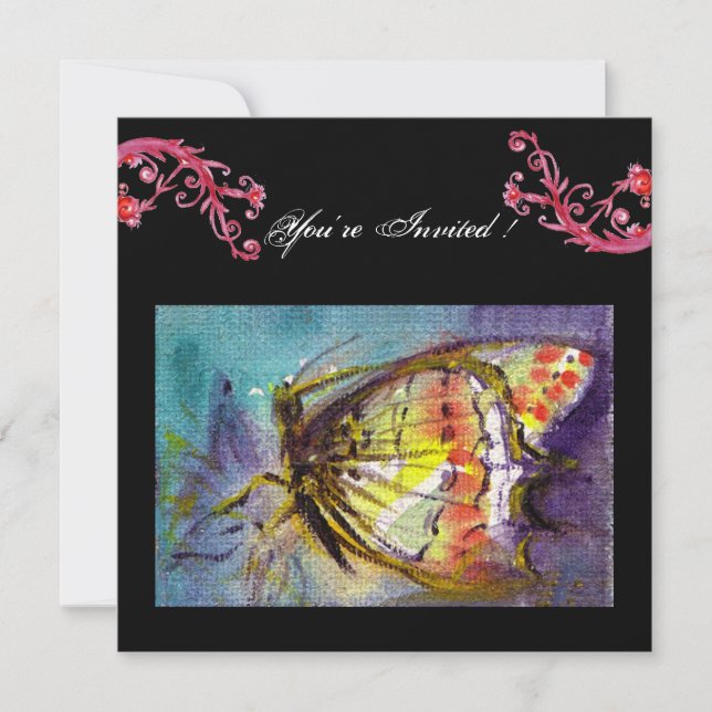 MAGIC BUTTERFLY WITH RED FLORAL SWIRLS ,black blue Invitation (Front)