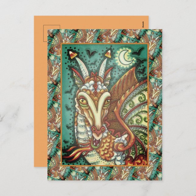 MAGIC CANDY CORN DRAGON, HALLOWEEN FANTASY BEAST HOLIDAY POSTCARD (Front/Back)