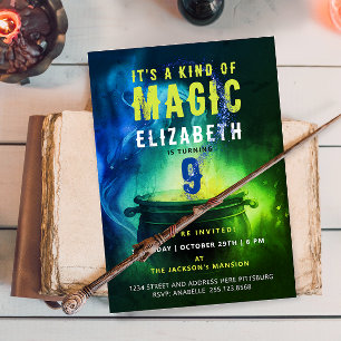 Magic Cauldron Green Blue Witch Wizard Spell Bday Invitation