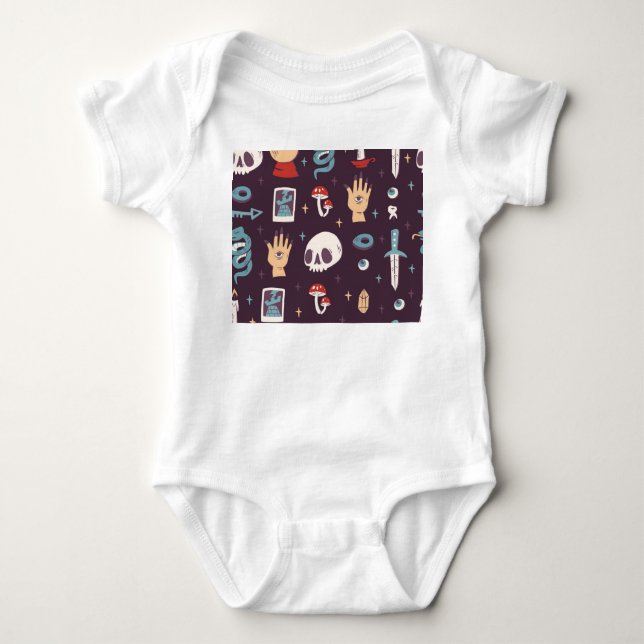Magic elements: skull, tarot seamless baby bodysuit (Front)