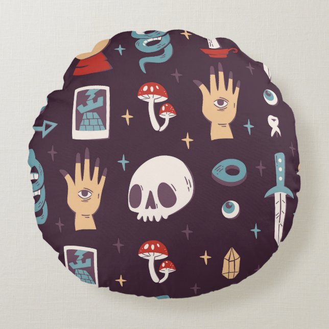 Magic elements: skull, tarot seamless round cushion (Front)