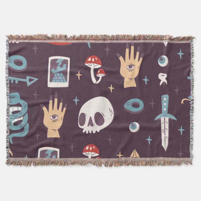 Magic elements: skull, tarot seamless throw blanket (Front)
