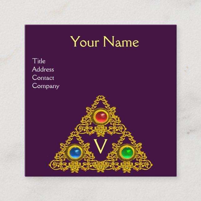 MAGIC ELFIC TALISMAN MONOGRAM, Gold Purple Fantasy Square Business Card (Front)