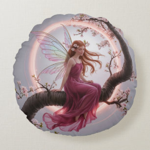 Magic Fairy Among Cherry Flowers - Illustration d Round Cushion