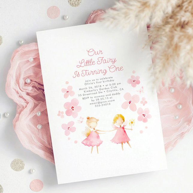 Magic Fairy Birthday Invitation (Little Fairy Pink Floral Cute Whimsical 1st Birthday Invitation to Celebrate Baby Girl)