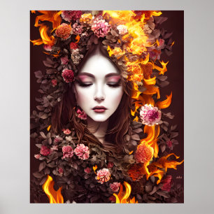 Magic fantasy beautiful face flowers fire poster