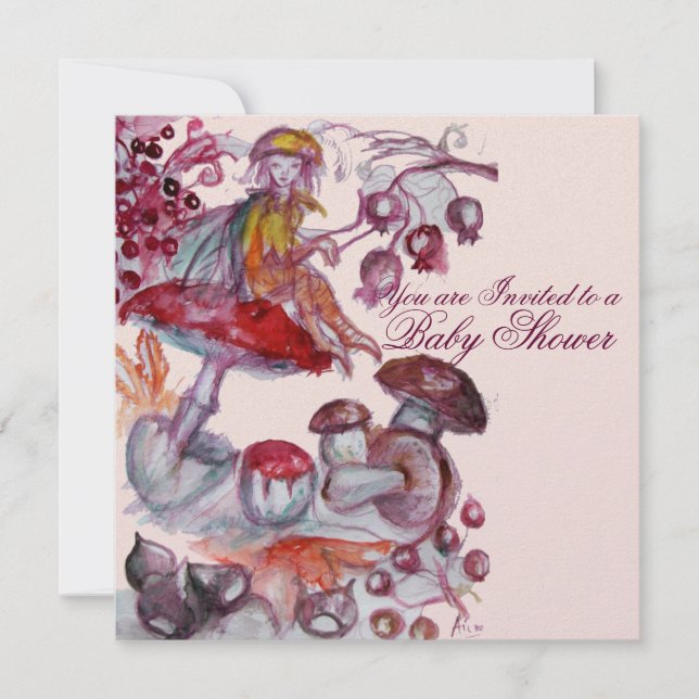 MAGIC FOLLET OF MUSHROOMS PINK GIRL BABY SHOWER INVITATION (Front)