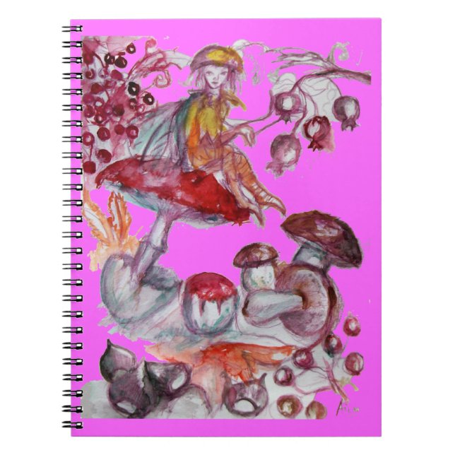 MAGIC FOLLET OF MUSHROOMS Red Pink Floral Fantasy Notebook (Front)