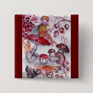 MAGIC FOLLET OF MUSHROOMS Red White Floral Fantasy 15 Cm Square Badge