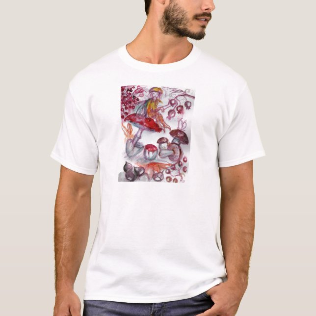 MAGIC FOLLET OF MUSHROOMS Red White Floral Fantasy T-Shirt (Front)