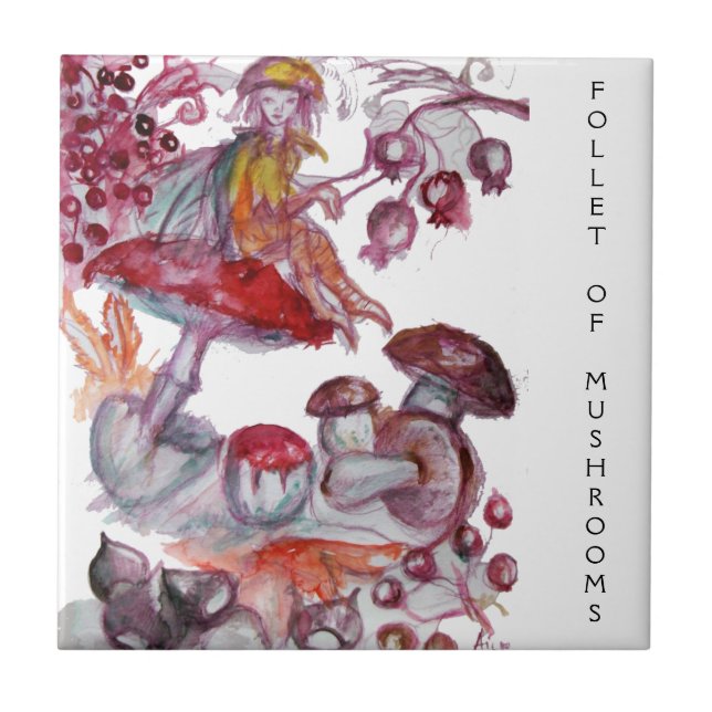 MAGIC FOLLET OF MUSHROOMS Red White Floral Fantasy Tile (Front)