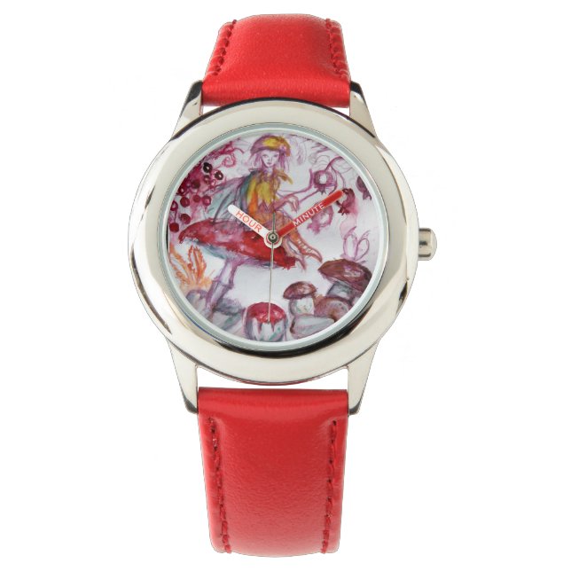 MAGIC FOLLET OF MUSHROOMS Red White Floral Fantasy Watch (Front)