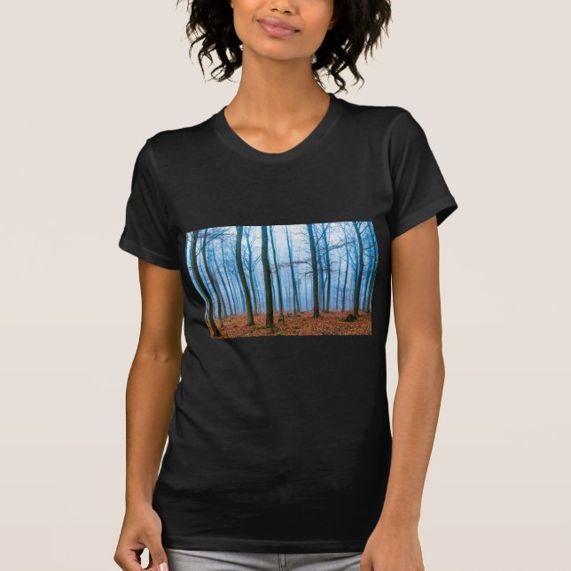 Magic forest in fog in blue and orange T-Shirt (Front)