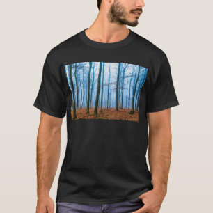Magic forest in fog in blue and orange T-Shirt