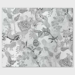 Magic Garden Lions Floral Silver Grey Lux Oriental Wrapping Paper