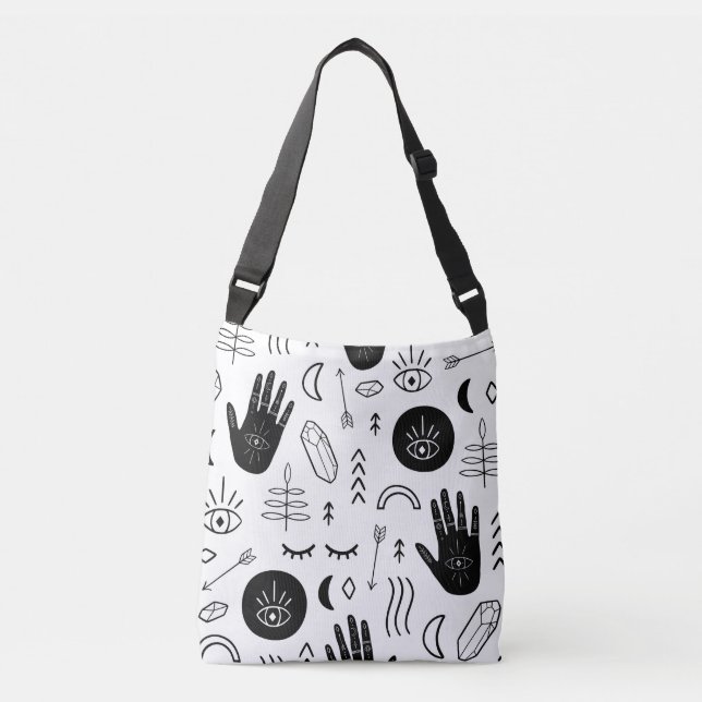 Magic hands, moon, ethnic pattern. crossbody bag (Front)
