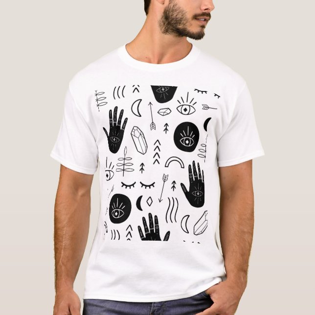 Magic hands, moon, ethnic pattern. T-Shirt (Front)