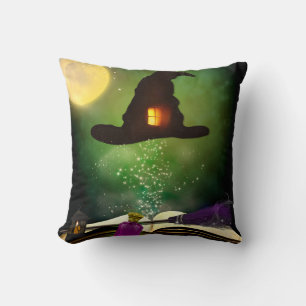 Magic Hat & Magical Spell Book Whimsical Halloween Cushion