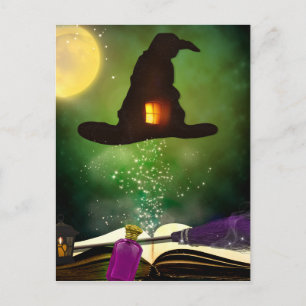 Magic Hat & Magical Spell Book Whimsical Halloween Postcard