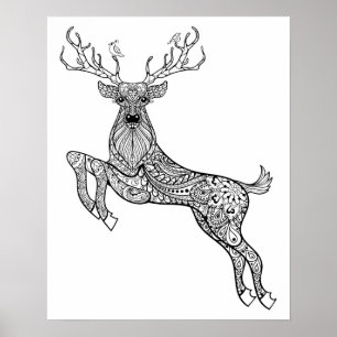 Magic Horned Deer With Birds Doodle 2 Poster