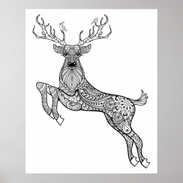 Magic Horned Deer With Birds Doodle 2 Poster (Front)