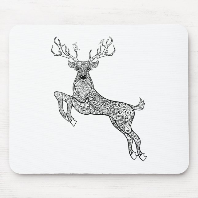 Magic Horned Deer With Birds Doodle Mouse Pad (Front)