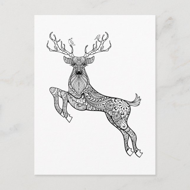 Magic Horned Deer With Birds Doodle Postcard (Front)