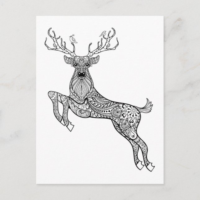 Magic Horned Deer With Birds Doodle Postcard (Front)