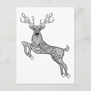 Magic Horned Deer With Birds Doodle Postcard