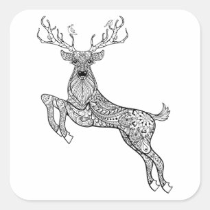 Magic Horned Deer With Birds Doodle Square Sticker