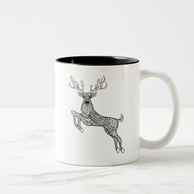 Magic Horned Deer With Birds Doodle Two-Tone Coffee Mug (Right)