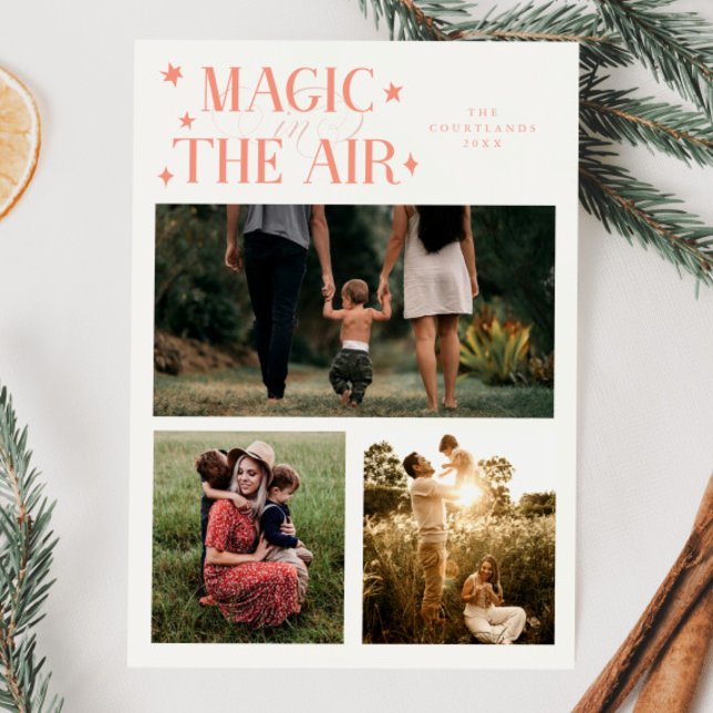 Magic In The Air Multi Photo Peach Holiday Card (Creator Uploaded)