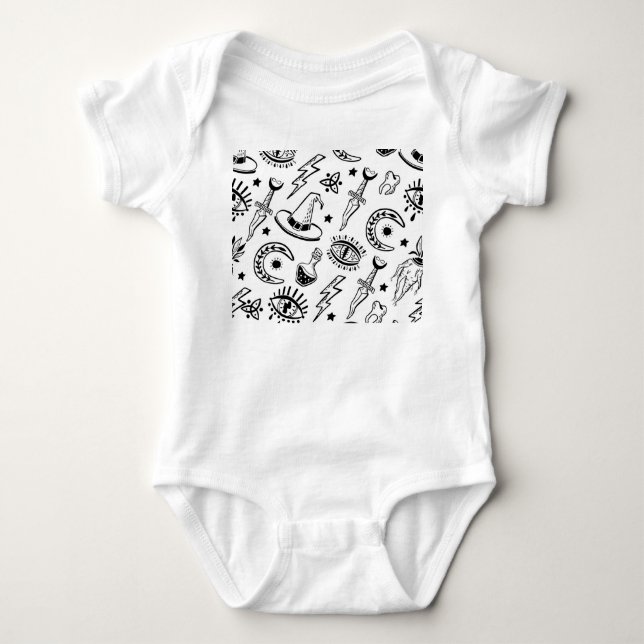 Magic Ink Drawing Seamless Pattern Baby Bodysuit (Front)