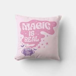 Magic is Real Cauldron Pentagram Pink Halloween Cushion