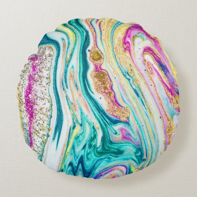 Magic Marbling: Metallic Paint Design. Round Cushion (Front)