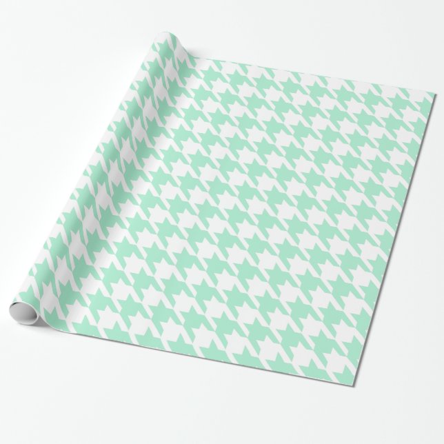 Magic Mint and White Houndstooth Pattetrn Wrapping Paper (Unrolled)