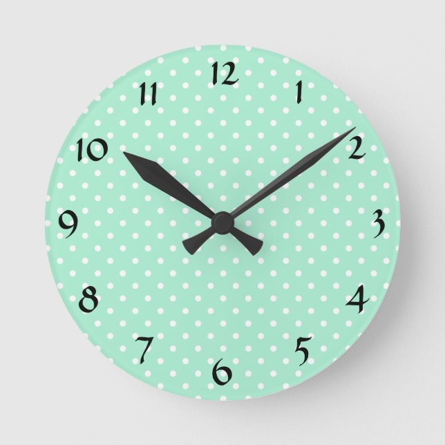 Magic Mint and White Polka Dot Pattern Round Clock (Front)
