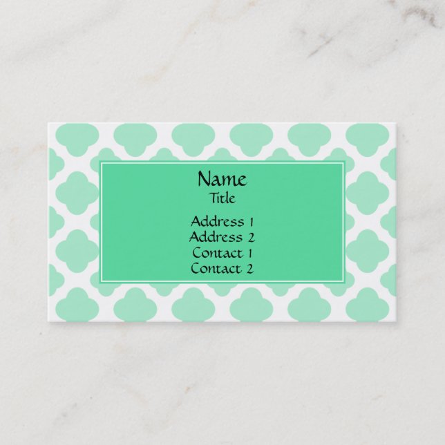 Magic Mint and White Quatrefoil Pattern Business Card (Front)