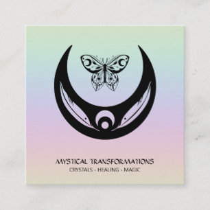 *~* Magic Moon Feathers Moth Boho Universe Rainbow Square Business Card